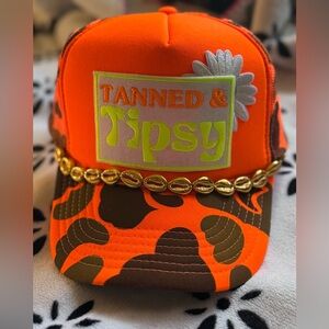 OTTO Orange & Brown "Tanned & Tipsy" Trucker Hat with Gold Shell Chain